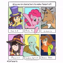 Size: 840x840 | Tagged: safe, artist:raecoon_art, derpibooru import, pinkie pie, anthro, cat, earth pony, human, pony, six fanarts, a hat in time, anthro with ponies, antlers, beastars, bust, crossover, daphne blake, faic, female, handsome squidward, hat, hat kid, image, jpeg, konosuba, louis (beastars), male, mare, megumin, open mouth, smiling, spongebob squarepants, squidward tentacles, top hat, underhoof, waving