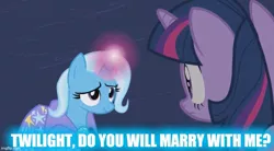 Size: 849x470 | Tagged: caption, derpibooru import, edit, edited screencap, female, grammar error, image macro, lesbian, magic, magic duel, meme, safe, screencap, shipping, text, trixie, trixie yells at everything, twilight sparkle, twixie