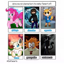 Size: 1080x1080 | Tagged: safe, artist:eeveewolf_official, derpibooru import, pinkie pie, anthro, earth pony, eevee, human, pony, red panda, six fanarts, aggretsuko, alan walker, anthro with ponies, bust, clothes, clown, crossover, female, grin, hoodie, it, male, mare, one eye closed, open mouth, pennywise, pokémon, retsuko, sanrio, smiling, wink