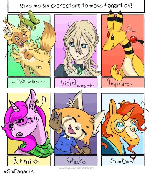 Size: 1005x1137 | Tagged: safe, artist:miss_anthesy, derpibooru import, sunburst, ampharos, anthro, butterfly, cat, human, pony, red panda, unicorn, six fanarts, aggretsuko, anthro with ponies, bust, clothes, crossover, devil horn (gesture), female, fluffy, glasses, male, moth wings, pokémon, retsuko, sanrio, scarf, smiling, stallion, sunglasses, violet evergarden, warrior cats, wings