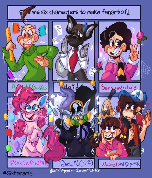 Size: 535x627 | Tagged: safe, artist:artistgmer, derpibooru import, pinkie pie, anthro, earth pony, pony, six fanarts, aggretsuko, anthro with ponies, bill cipher, bust, clothes, colored hooves, crossover, deltarune, female, gravity falls, haida, hat, jevil, mare, necktie, peace sign, sanrio, steven universe