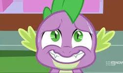 Size: 1204x720 | Tagged: 9now, adorkable, cakes for the memories, cute, derpibooru import, dork, dragon, fangs, grin, nervous, nervous grin, safe, screencap, smiling, solo, spike, spoiler:cakes for the memories, spoiler:mlp friendship is forever, sweat, winged spike