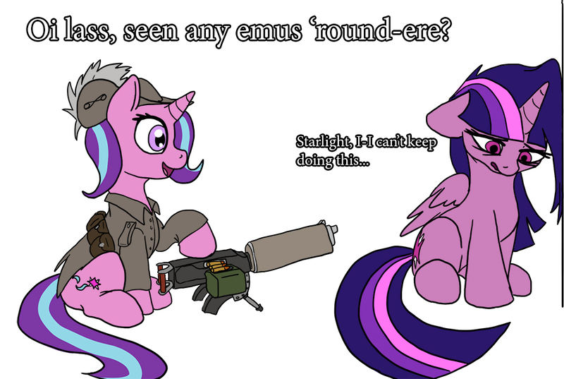 Size: 1000x671 | Tagged: safe, artist:boi_slam, artist:slamjam, derpibooru import, starlight glimmer, twilight sparkle, twilight sparkle (alicorn), alicorn, pony, australian, emu war, gun, historical roleplay starlight, machine gun, simple background, text, the great emu war, weapon, white background