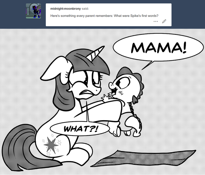 Size: 1200x1028 | Tagged: safe, artist:mamatwilightsparkle, derpibooru import, spike, twilight sparkle, pony, unicorn, baby, baby spike, blanket, comic, diaper, first words, mama twilight, mama twilight sparkle, monochrome, tumblr, unicorn twilight, younger