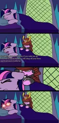 Size: 700x1447 | Tagged: safe, artist:boi_slam, artist:slamjam, derpibooru import, starlight glimmer, twilight sparkle, pony, angery, armor, bed, comic, female, glowing eyes, glowing eyes meme, historical roleplay starlight, mare, pillow, samurai, sleeping, this will end in pain and/or death