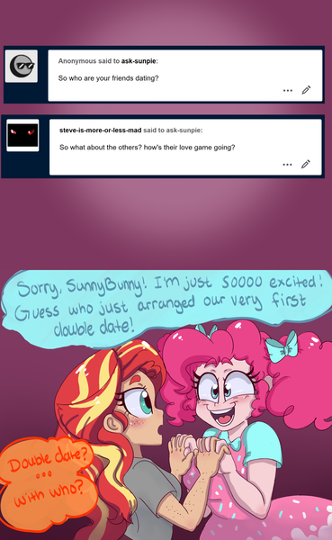 Size: 1280x2080 | Tagged: artist:ask-sunpie, artist:wimsie, ask, blouse, clothes, comic, derpibooru import, dialogue, dress, female, holding hands, human, humanized, lesbian, pinkie pie, ribbon, safe, shipping, shirt, sunsetpie, sunset shimmer, tumblr:ask sunpie