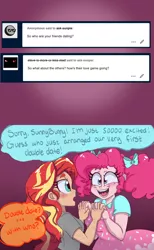 Size: 1280x2080 | Tagged: artist:ask-sunpie, artist:wimsie, ask, blouse, clothes, comic, derpibooru import, dialogue, dress, female, holding hands, human, humanized, lesbian, pinkie pie, ribbon, safe, shipping, shirt, sunsetpie, sunset shimmer, tumblr:ask sunpie