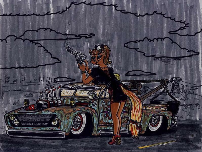 Size: 900x677 | Tagged: safe, artist:sketchywolf-13, derpibooru import, oc, unofficial characters only, anthro, earth pony, clothes, dress, gun, handgun, looking over shoulder, rain, shooting, text, traditional art, truck, vehicle, weapon