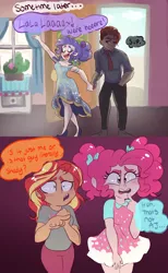 Size: 1280x2080 | Tagged: artist:ask-sunpie, artist:wimsie, blouse, cactus, clothes, cloud, comic, derpibooru import, dialogue, door, dress, ear piercing, earring, female, holding hands, human, humanized, jewelry, lesbian, necktie, oc, oc:shade, pants, piercing, pinkie pie, rarity, safe, shadow, shipping, shirt, shoes, sky, sunsetpie, sunset shimmer, tumblr:ask sunpie, window