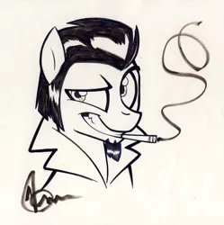 Size: 1024x1030 | Tagged: safe, artist:sketchywolf-13, derpibooru import, oc, oc:sketchy, unofficial characters only, earth pony, pony, cigarette, clothes, monochrome, smiling, smoking, solo, traditional art