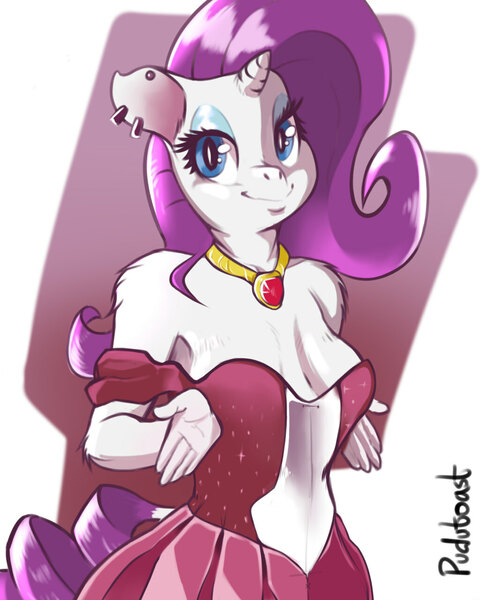 Size: 1024x1280 | Tagged: safe, artist:pudutoast, derpibooru import, rarity, anthro, unicorn, clothes, dress, ear piercing, earring, female, jewelry, mare, piercing, simple background, simple shading, solo