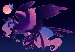 Size: 4810x3300 | Tagged: safe, artist:turnipberry, deleted from derpibooru, derpibooru import, oc, oc:midnight melody, unofficial characters only, alicorn, pony, black background, curved horn, cutie mark, ethereal mane, ethereal wings, feathered fetlocks, female, horn, large wings, magical lesbian spawn, mare, offspring, parent:fluttershy, parent:princess luna, parents:lunashy, simple background, solo, starry wings, tail feathers, wings