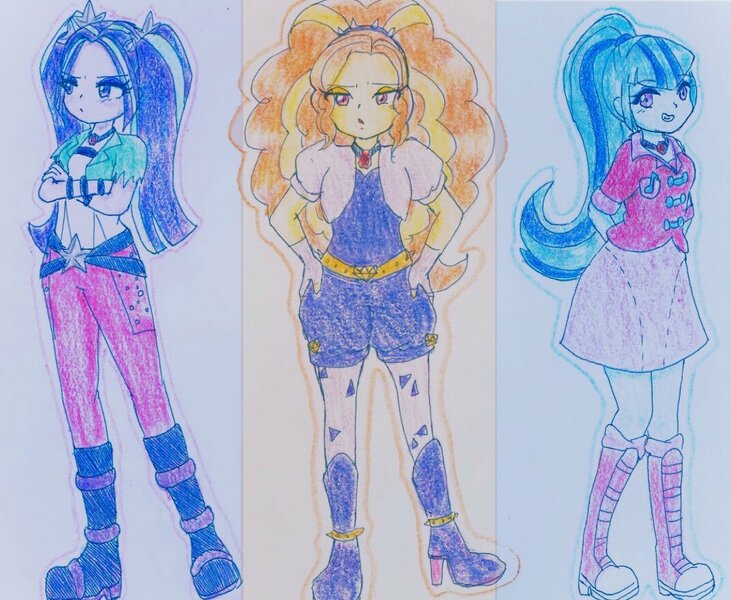 Size: 1073x881 | Tagged: safe, artist:suke2242, derpibooru import, adagio dazzle, aria blaze, sonata dusk, equestria girls, belt, blouse, boots, clothes, pants, ponytail, shoes, the dazzlings, traditional art, vest