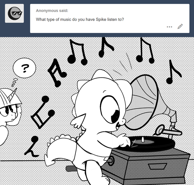 Size: 896x853 | Tagged: artist:mamatwilightsparkle, baby, baby spike, comic, curious, derpibooru import, diaper, mama twilight, mama twilight sparkle, monochrome, music, music notes, record, record player, safe, spike, tumblr, twilight sparkle, younger