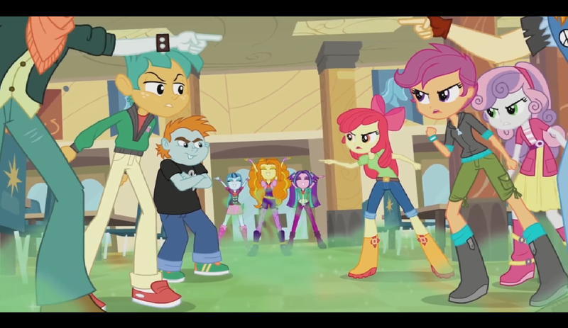 Size: 1482x857 | Tagged: safe, derpibooru import, screencap, adagio dazzle, apple bloom, aria blaze, scootaloo, scott green, snails, snips, sonata dusk, sweetie belle, valhallen, equestria girls, rainbow rocks, angry, apple bloom's bow, boots, bow, cafeteria, clothes, cutie mark crusaders, hair bow, hoodie, jeans, pants, pointing, shirt, shoes, shorts, skirt, the dazzlings