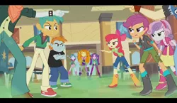 Size: 1482x857 | Tagged: safe, derpibooru import, screencap, adagio dazzle, apple bloom, aria blaze, scootaloo, scott green, snails, snips, sonata dusk, sweetie belle, valhallen, equestria girls, rainbow rocks, angry, apple bloom's bow, boots, bow, cafeteria, clothes, cutie mark crusaders, hair bow, hoodie, jeans, pants, pointing, shirt, shoes, shorts, skirt, the dazzlings