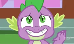 Size: 1200x720 | Tagged: 9now, adorkable, cakes for the memories, cute, derpibooru import, dork, dragon, grin, male, nervous, nervous grin, safe, screencap, smiling, spike, spoiler:cakes for the memories, spoiler:mlp friendship is forever, winged spike