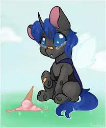 Size: 1500x1800 | Tagged: safe, artist:fanaticpanda, derpibooru import, oc, oc:swift dawn, unofficial characters only, changeling, pony, bandage, bandaid, blue changeling, blue eyes, changeling oc, commission, dropped ice cream, fangs, food, ice cream, ice cream cone, sad, simple background, sitting, solo, teary eyes, ych result