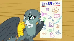 Size: 1280x720 | Tagged: safe, derpibooru import, edit, edited screencap, screencap, gabby, gryphon, mouse, pony, rabbit, squirrel, the fault in our cutie marks, animal, baby, baby pony, baseball, baseball bat, beak, beakless, bowl, braces, cartoon physics, cauldron, diving, female, flower, football, i have no mouth and i must scream, implied apple bloom, implied scootaloo, implied sweetie belle, missing body part, modular, music notes, musical instrument, no mouth, no nose, paint can, paintbrush, pointing, poking, ship, solo, sports, spread wings, trumpet, weight, wings