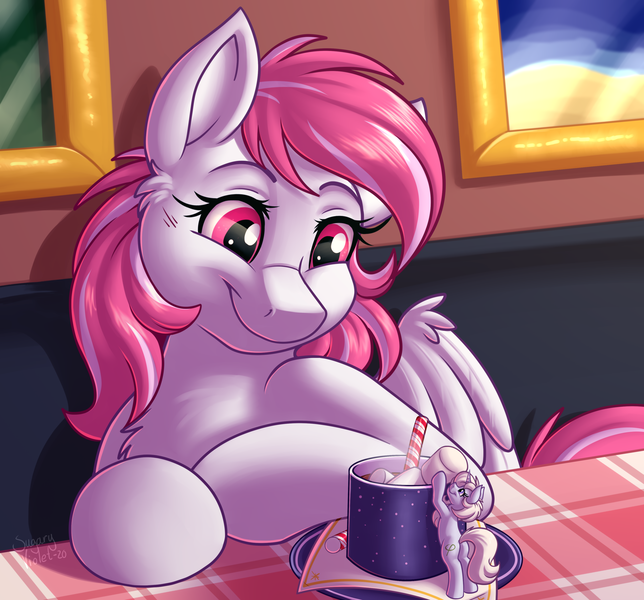 Size: 3348x3120 | Tagged: safe, artist:sugaryviolet, derpibooru import, oc, oc:eula phi, oc:evening skies, chocolate, food, hot chocolate, micro, mug, peppermint stick, size difference