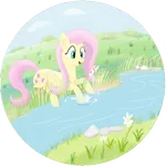 Size: 600x600 | Tagged: safe, artist:addelum, derpibooru import, fluttershy, fish, pegasus, pony, female, flower, grass, happy, mare, open mouth, prone, river, smiling, solo