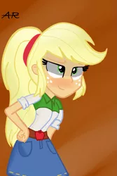 Size: 657x981 | Tagged: safe, artist:applerougi, derpibooru import, applejack, equestria girls, belt, blushing, clothes, denim skirt, freckles, green eyes, skirt, solo