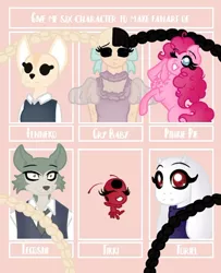 Size: 532x655 | Tagged: safe, artist:____mania_, derpibooru import, pinkie pie, anthro, earth pony, fennec fox, fox, goat, pony, wolf, six fanarts, aggretsuko, anthro with ponies, beastars, braid, bust, chest fluff, clothes, crossover, female, fenneko, k-12 movie, legosi (beastars), male, mare, miraculous ladybug, one eye closed, sanrio, smiling, tikki, toriel, undertale, wink