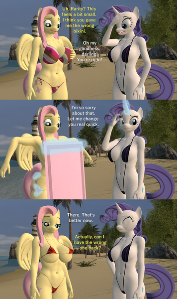 Size: 1920x3240 | Tagged: suggestive, artist:papadragon69, derpibooru import, fluttershy, rarity, anthro, bat pony, 3d, armpits, beach, belly button, big breasts, bikini, breasts, busty fluttershy, busty rarity, clothes, comic, erect nipples, flutterbat, fluttershy is not amused, micro bikini, nipple outline, race swap, skimpy outfit, sling bikini, source filmmaker, swimsuit, towel, unamused, undressing