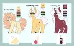 Size: 4000x2500 | Tagged: safe, artist:liefsong, derpibooru import, oc, oc:cherry cola, oc:lemon soda, oc:sparkling cider, unicorn, color palette, cute, cutie mark, female, reference sheet, siblings, sisters, tail wrap, ultimare universe, unshorn fetlocks, wingding eyes