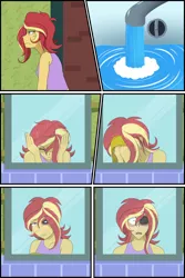 Size: 1280x1921 | Tagged: safe, artist:jase1505, deleted from derpibooru, derpibooru import, sunset shimmer, series:sunlight horizons, equestria girls, bathroom, black eye, clothes, comic, image, implied sunset satan, mirror, painful transformation, partial transformation, png, scared, shocked expression, shocked face, shrunken pupils, sink, solo, splash, startled, tanktop, this will end in tears, tired, washing, water