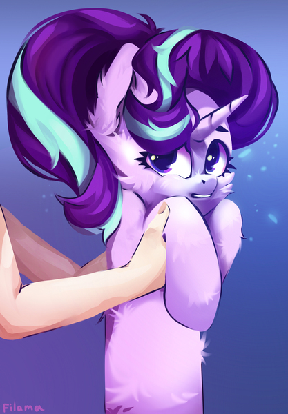 Size: 2500x3600 | Tagged: safe, artist:filama, derpibooru import, starlight glimmer, human, pony, unicorn, disembodied arm, disembodied hand, fluffy, hand, holding a pony, long glimmer, long pony, longcat, offscreen character