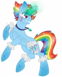 Size: 1080x1350 | Tagged: safe, artist:t.w.magicsparkel.9, derpibooru import, oc, pony, unicorn, glowing horn, horn, jewelry, multicolored hair, necklace, rainbow hair, rearing, solo, tattoo, unicorn oc, watermark