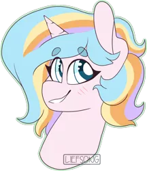 Size: 934x1082 | Tagged: safe, artist:liefsong, derpibooru import, oc, oc:oofy colorful, unicorn, blushing, bust, smiling