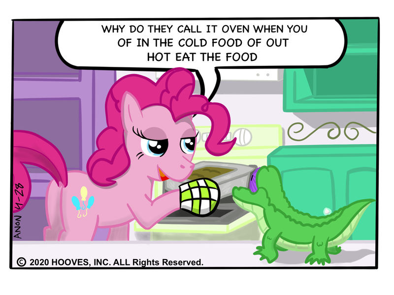 Size: 2048x1536 | Tagged: safe, artist:eel's stuff, derpibooru import, gummy, pinkie pie, ponified, pony, dialogue, engrish, garfield, meme, oven, speech bubble, stroke