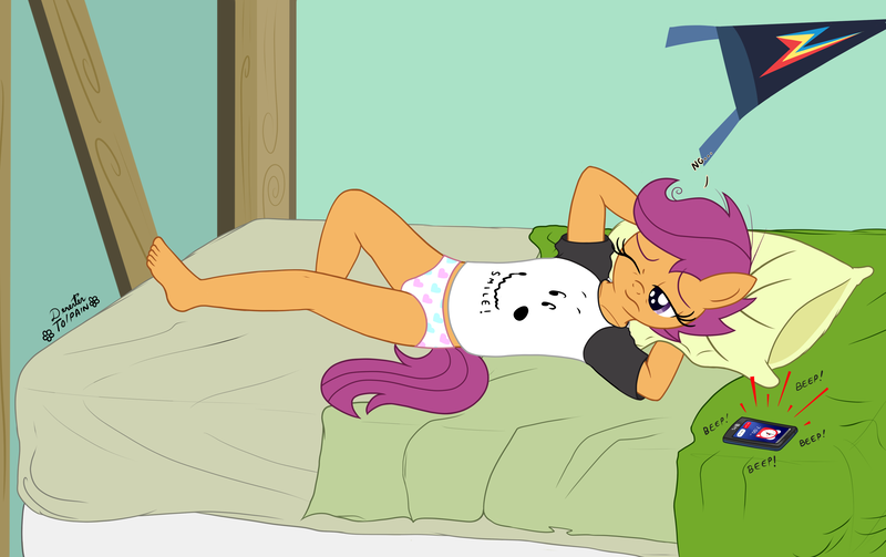 Size: 3261x2052 | Tagged: anthro, artist:deserter, artist:tolpain, awakening, bedroom, clothes, collaboration, derpibooru import, messy mane, morning ponies, panties, pegasus, pillow, safe, scootaloo, snoopy, solo, underwear