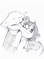 Size: 1536x2048 | Tagged: safe, artist:dimfann, derpibooru import, oc, oc:dim, oc:sylvine, unofficial characters only, pony, unicorn, black and white, grayscale, kissing, monochrome, nintendo switch