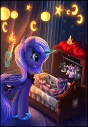 Size: 2100x3028 | Tagged: safe, artist:atlas-66, derpibooru import, princess luna, pony, fanfic:the empty room, crib, fanfic art, female, plushie, s1 luna, solo, torch