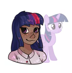 Size: 621x629 | Tagged: safe, artist:hannatsunari, derpibooru import, twilight sparkle, twilight sparkle (alicorn), alicorn, human, pony, clothes, dark skin, female, humanized, mare, shirt, simple background, solo, white background