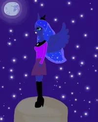Size: 603x754 | Tagged: alicorn, anthro, artist:alikorn_sisters, boots, clothes, derpibooru import, ethereal mane, full moon, jewelry, looking up, mare in the moon, moon, night, princess luna, safe, shoes, solo, starry mane, stars, tiara