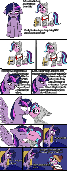 Size: 788x2000 | Tagged: suggestive, artist:slamjam, derpibooru import, starlight glimmer, twilight sparkle, twilight sparkle (alicorn), alicorn, pony, unicorn, bed, blushing, boop, comic, crusader, deus vult, dialogue, dream, fake beard, fantasy class, female, floppy ears, frown, helmet, historical roleplay starlight, knight, knights templar, lesbian, mare, paladin, scrunchy face, self-boop, shipping, smiling, spread wings, twistarlight, warrior, wide eyes, wings