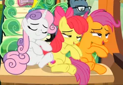 Size: 844x589 | Tagged: safe, derpibooru import, screencap, apple bloom, scootaloo, sweetie belle, earth pony, pegasus, pony, unicorn, growing up is hard to do, bedroom eyes, cropped, cutie mark, cutie mark crusaders, eyes closed, friendship express, lidded eyes, older, older apple bloom, older cmc, older scootaloo, older sweetie belle, sitting, smiling, the cmc's cutie marks, train, trio