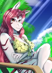 Size: 2894x4093 | Tagged: anthro, anthro oc, artist:mantarwolf, beach chair, chair, clothes, commission, derpibooru import, dress, female, horn, looking at you, mare, oc, oc:impala lily, safe, sitting, smiling, solo, stripes, summer, tree, unofficial characters only, ych result