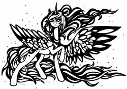 Size: 681x476 | Tagged: safe, artist:kog.ster, derpibooru import, princess luna, alicorn, pony, female, lineart, mare, monochrome, raised hoof, solo