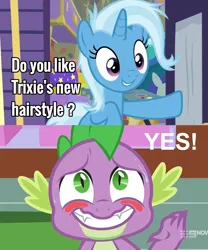 Size: 1196x1436 | Tagged: 9now, adorkable, blushing, cakes for the memories, caption, cute, derpibooru import, dork, edit, edited screencap, female, image macro, male, meme, road to friendship, safe, screencap, shipping, spike, spixie, spoiler:cakes for the memories, spoiler:mlp friendship is forever, straight, text, trixie, trixie yells at everything