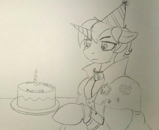 Size: 534x437 | Tagged: safe, artist:tarnish, derpibooru import, oc, oc:tarnish star, pony, unicorn, fallout equestria, fallout equestria: falling stars, birthday cake, cake, clothes, coat, desert ranger, female, food, hat, horn, justice mare, lawbringer, mare, party hat, solo, traditional art, unicorn oc