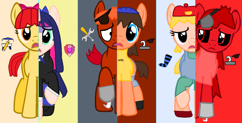 Size: 1411x718 | Tagged: safe, derpibooru import, apple bloom, ponified, pony, anarchy stocking, base used, crossover, five nights at freddy's, five nights at pinkie's (my version), foxy, jeffy, lana loud, movieunleashers, panty and stocking with garterbelt, supermariologan, swapped cutie marks, the loud house, what my cutie mark is telling me, zalgo "foxy" pagie