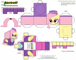 Size: 2979x2354 | Tagged: safe, artist:grapefruitface1, derpibooru import, fluttershy, pony, fake it 'til you make it, alternate hairstyle, arts and crafts, craft, cubeecraft, glasses, hat, hipstershy, papercraft, printable, solo