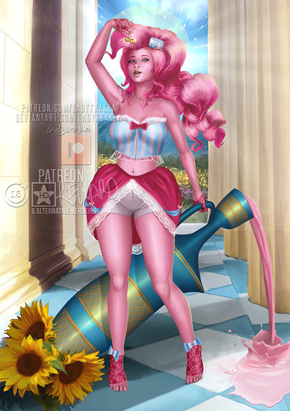 Size: 636x900 | Tagged: suggestive, alternate version, artist:ladykraken, derpibooru import, pinkie pie, equestria girls, armpits, belly button, breasts, busty pinkie pie, cherry, clothes, corset, flower, food, gold, open mouth, sunflower, traditional art