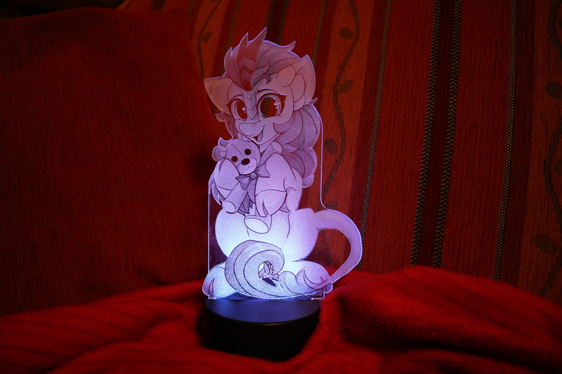 Size: 6000x4000 | Tagged: acrylic plastic, acrylight, artist:shadowreindeer, artist:themisto97, autumn blaze, awwtumn blaze, bear, craft, cute, derpibooru import, engraving, female, kirin, lasercut, led, looking at you, mare, nightlight, safe, sitting, smiling, solo, style emulation, teddy bear, weapons-grade cute