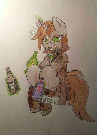 Size: 315x437 | Tagged: safe, artist:tarnish, derpibooru import, oc, oc:tarnish star, pony, unicorn, fallout equestria: falling stars, alcohol, bandage, bandaged leg, brown fur, clothes, desert ranger, drink, drunk, female, glowing horn, green eyes, horn, justice mare, lawbringer, levitation, magic, mare, shoes, solo, telekinesis, traditional art, unicorn oc